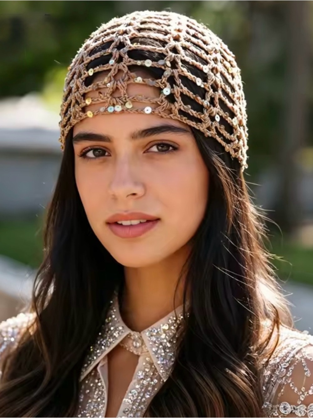 Handmade Sequined Crochet Beanie - Beige